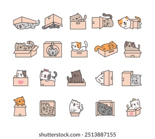 Cute cat in a box. Funny cartoon character poses. Hand drawn style. Vector drawing. Collection of design elements.