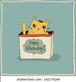 Cute cat in the box, happy birthday card