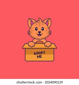 Cute cat in box with a poster Adopt me. Animal cartoon concept isolated. Can used for t-shirt, greeting card, invitation card or mascot.