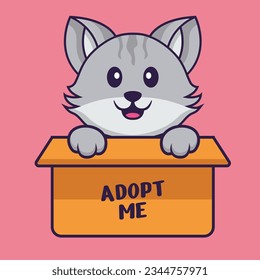 Cute cat in box with a poster Adopt me. Animal cartoon concept isolated. Can used for t-shirt, greeting card, invitation card or mascot