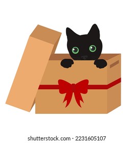 Cute cat in a box with red ribbon