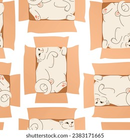Cute cat in box seamless pattern vector design. Cute funny cats isolated on white background. Template for kids.
