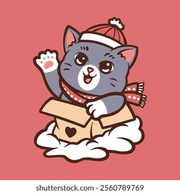 cute cat in a box and snow around him in winter and new year cartoon vector icon illustration isolated