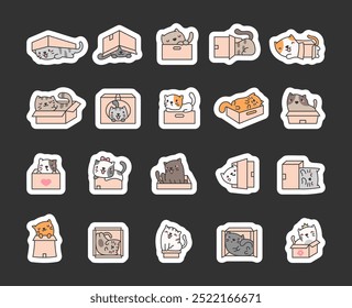 Cute cat in a box. Sticker Bookmark. Funny cartoon character poses. Hand drawn style. Vector drawing. Collection of design elements.