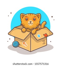 Ilustración De Icono De Vector De Categoría Cuta En Caja. Gato Y Caja, Bola De Volado, Concepto De Ícono Animal Aislado Blanco. Estilo de caricatura plano adecuado para la página de inicio web, pancarta, adhesivo, fondo