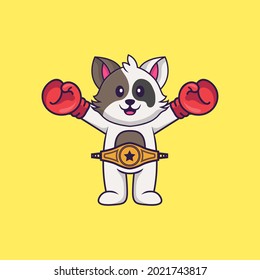 Cute cat in boxer costume with champion belt. Animal cartoon concept isolated. Can used for t-shirt, greeting card, invitation card or mascot.