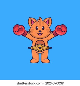 Cute cat in boxer costume with champion belt. Animal cartoon concept isolated. Can used for t-shirt, greeting card, invitation card or mascot.