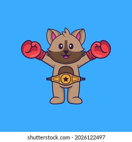 Cute cat in boxer costume with champion belt. Animal cartoon concept isolated. Can used for t-shirt, greeting card, invitation card or mascot.