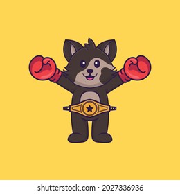 Cute cat in boxer costume with champion belt. Animal cartoon concept isolated. Can used for t-shirt, greeting card, invitation card or mascot.