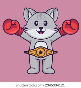 Cute cat in boxer costume with champion belt. Animal cartoon concept isolated. Can used for t-shirt, greeting card, invitation card or mascot 