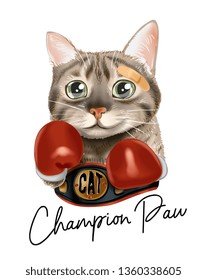 cute cat in boxing gloves and champion belt illustration