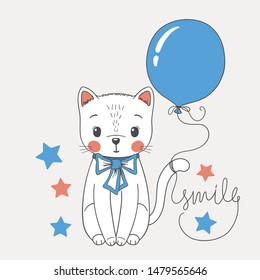 Cute cat boy with balloon, bow tie. Smile slogan. Cartoon vector illustration design for t-shirt graphics, fashion prints