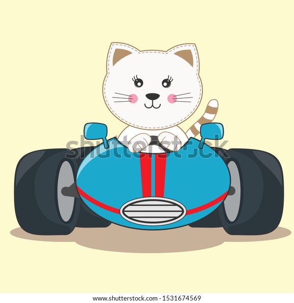 Cute cat boy driving blue car.  Flat clip\
art. Modern  poster for prints, kids cards, t-shirts and other.\
Vector illustration.