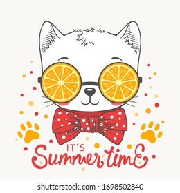 Cute cat boy face with orange sunglasses, footprint. Summer Time slogan. Illustration for t-shirt prints, posters and other uses.