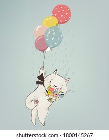 cute cat boy fly with balloons and flowers