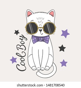 Cute cat boy with glittering sunglasses, bow tie. Cool Boy slogan. Cartoon vector illustration design for t-shirt graphics, fashion prints