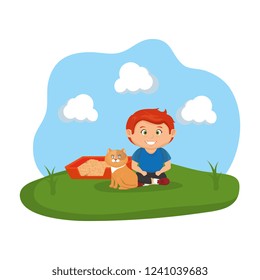 cute cat and boy with sandbox