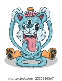 Cute cat with brain doodle hand drawn illustration vector design