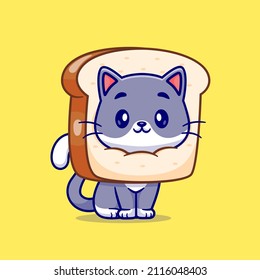 Cute Cat In Bread Cartoon Vector Icon Illustration. Animal Food Icon Concept Isolated Premium Vector. Flat Cartoon Style