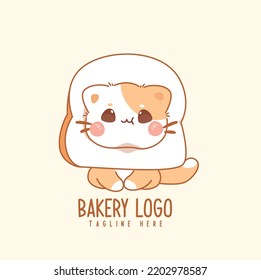 Cute cat in bread cartoon vector icon illustration. kawaii hand drawn logo for bakery