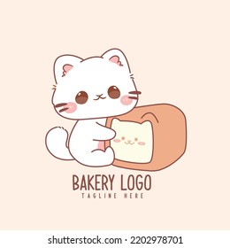 Cute cat in bread cartoon vector icon illustration. kawaii hand drawn logo for bakery