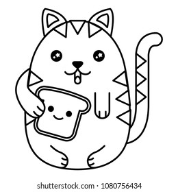 cute cat with bread toast slice kawaii character