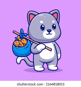 Cute Cat Bring Fish With Bag Cartoon Vector Icon Illustration. Animal Nature Icon Concept Isolated Premium Vector. Flat Cartoon Style