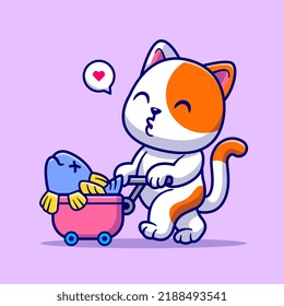 Cute Cat Bring Fish With Trolly Cartoon Vector Icon Illustration. Animal Nature Icon Concept Isolated Premium Vector. Flat Cartoon Style
