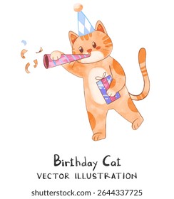 Cute cat bring gift and blowing trumpet in birthday celebration. Watercolor vector perfect for nursery, birthday party, print for invitation card, poster template