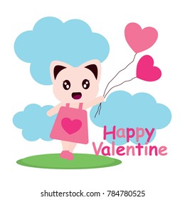 Cute cat bring heart balloons on the garden vector cartoon illustration for Valentine greeting card, postcard, and wallpaper