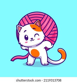 Cute Cat Bring Yarn Ball Cartoon Vector Icon Illustration. Animal Nature  Icon Concept Isolated Premium Vector. Flat Cartoon Style