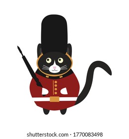 Cute cat british royal guardsman in a red jacket, black hat and musket in his paws. Doodle flat illustration vector