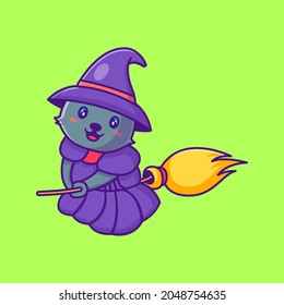 Cute cat with broom happy halloween cartoon illustrations