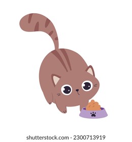 Cute Cat with Brown Coat Sitting Near Feed Bowl Vector Illustration