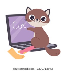 Cute Cat with Brown Coat Sitting on Laptop Typing on Keyboard Vector Illustration