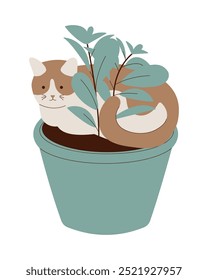 A cute cat with brown spots lies with a deadpan look in a pot with an indoor flower. Flat style. Vector illustration.