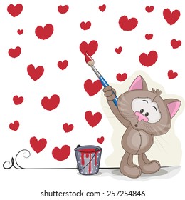 Cute Cat with brush is drawing hearts 