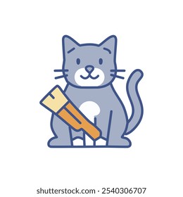 Cute cat with brush flat line icon. Blue kitten vector illustration.
