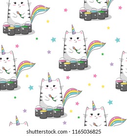 Cute cat with a brush and paints. Dreams of unicorns. Very cute baby pattern for fabric, cards, Wallpaper, design. Vector illustration.