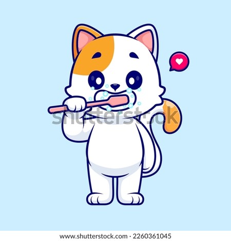 Cute Cat Brushing Teeth Cartoon Vector Icon Illustration. Animal Healthy Icon Concept Isolated Premium Vector. Flat Cartoon Style