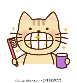 Cute Cat Brushing Teeth Illustration