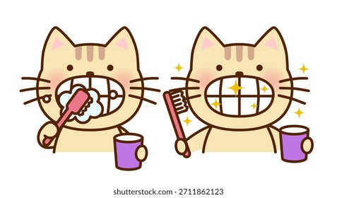 Cute Cat Brushing Teeth Illustration