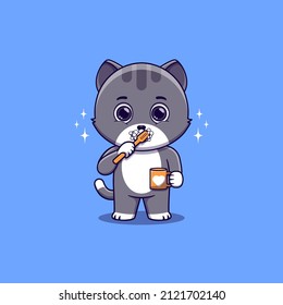 Cute Cat brushing teeth while holding mug