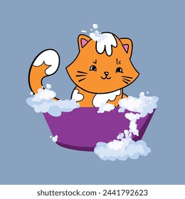 El gato lindo en un baño de burbujas en un estilo plano. Acicalamiento. Ilustración del cuidado de mascotas para el contenido, etiqueta, banner, gráfico y tarjeta de felicitación