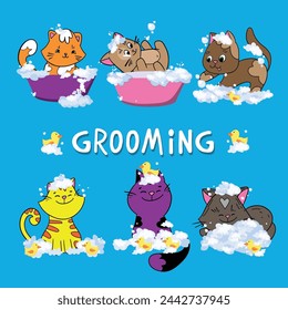 The Cute cat in a bubbles bath in a flat style. Grooming. Pet care illustration for content, label, banner, graphic and greeting card