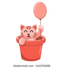 cute cat in a bucket with balloon cartoon vector
