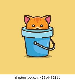 Cute cat in the bucket simple cartoon illustration