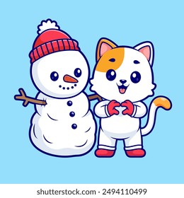 Cute Cat Build Snowman Cartoon Vector Icon Illustration. Animal Holiday Icon Concept Isolated Premium Vector. Flat Cartoon Style