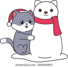 Cute cat building a snowman vector illustration