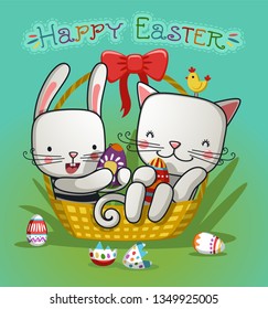 cute cat and bunny in the Easter basket with eggs